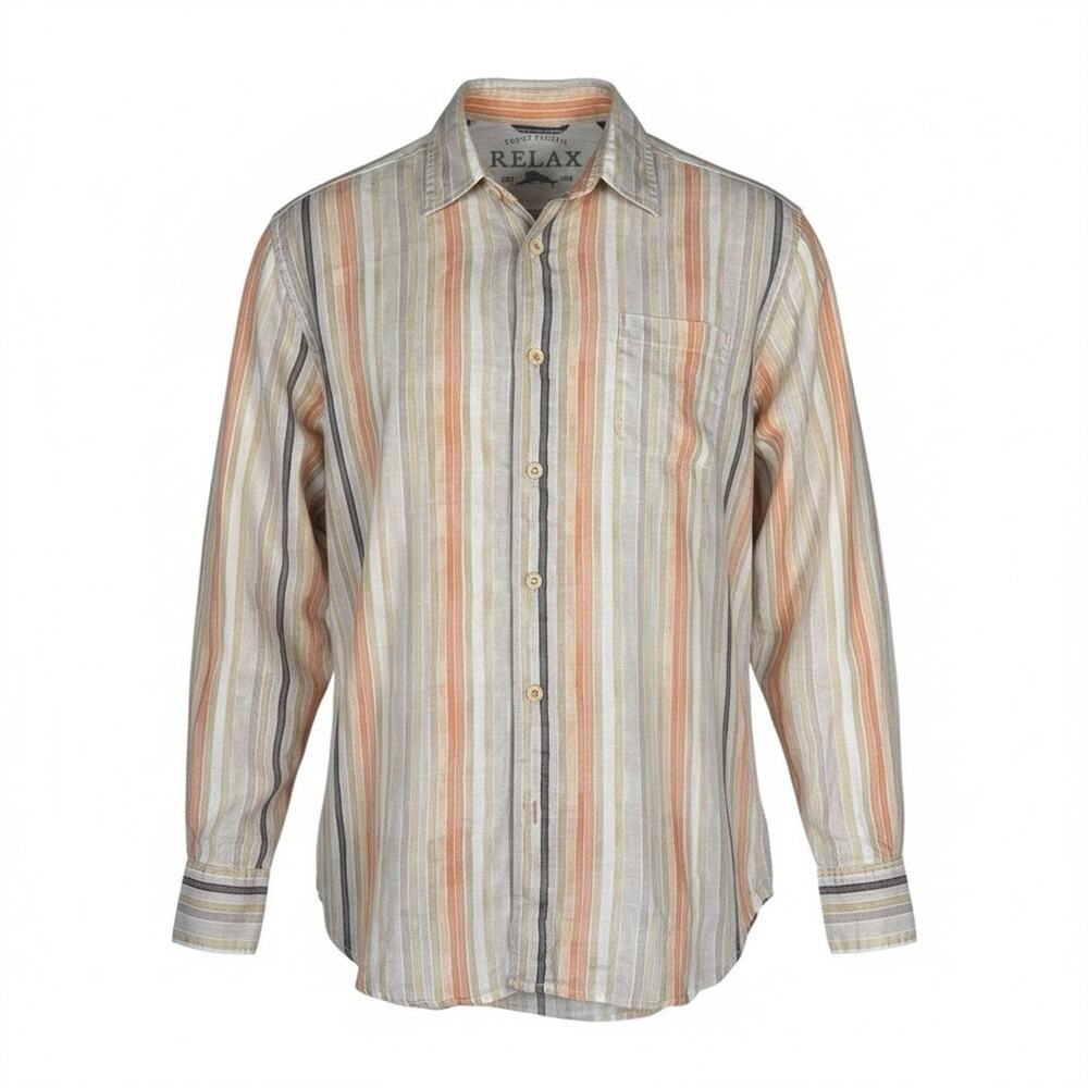 Tommy Bahama Relax Mens Large White Striped 100% linen Button down Casual Shirts